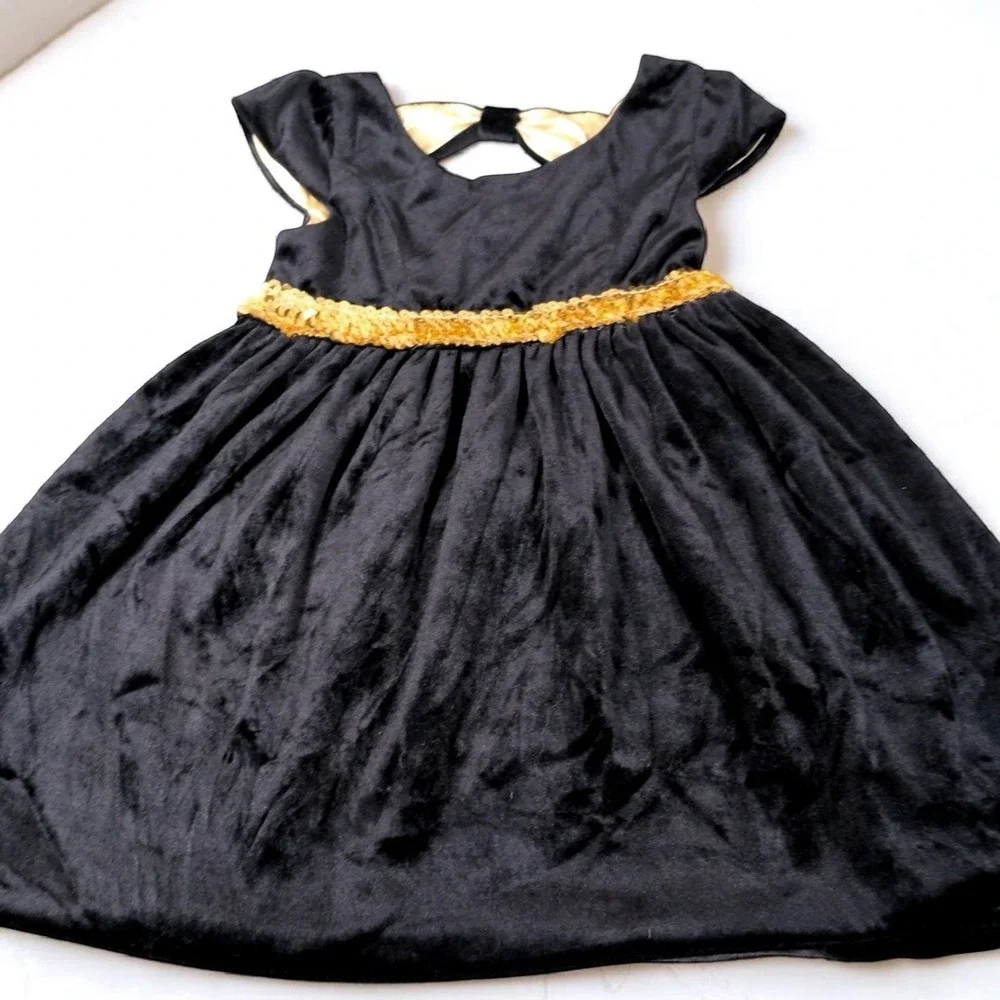 George Girls Velvet Sequin Party Dress Black Gold Bow Back XS 4-5‎ Excellent